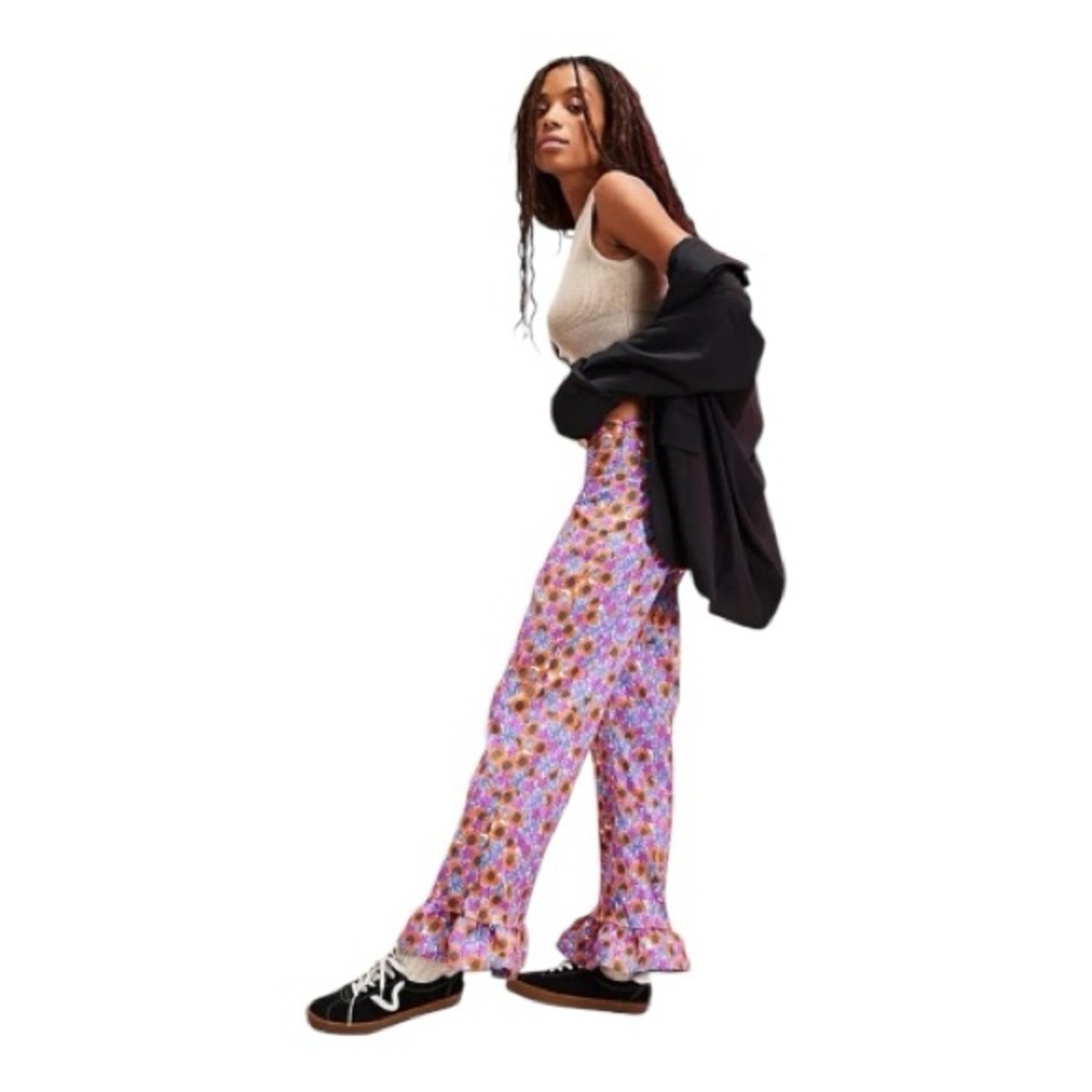 NWOT CeliaB Trilha Floral Purple Orange Flare Pants with Ruffle Hem Size XS - Picture 10 of 12